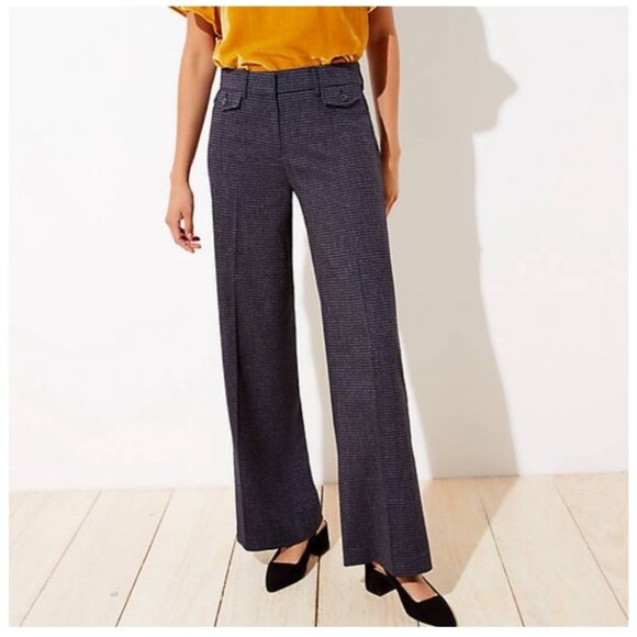 NEW Loft Wide-Leg High-Rise Herringbone Navy Button Front Trousers Pants Size 10 - Picture 1 of 13